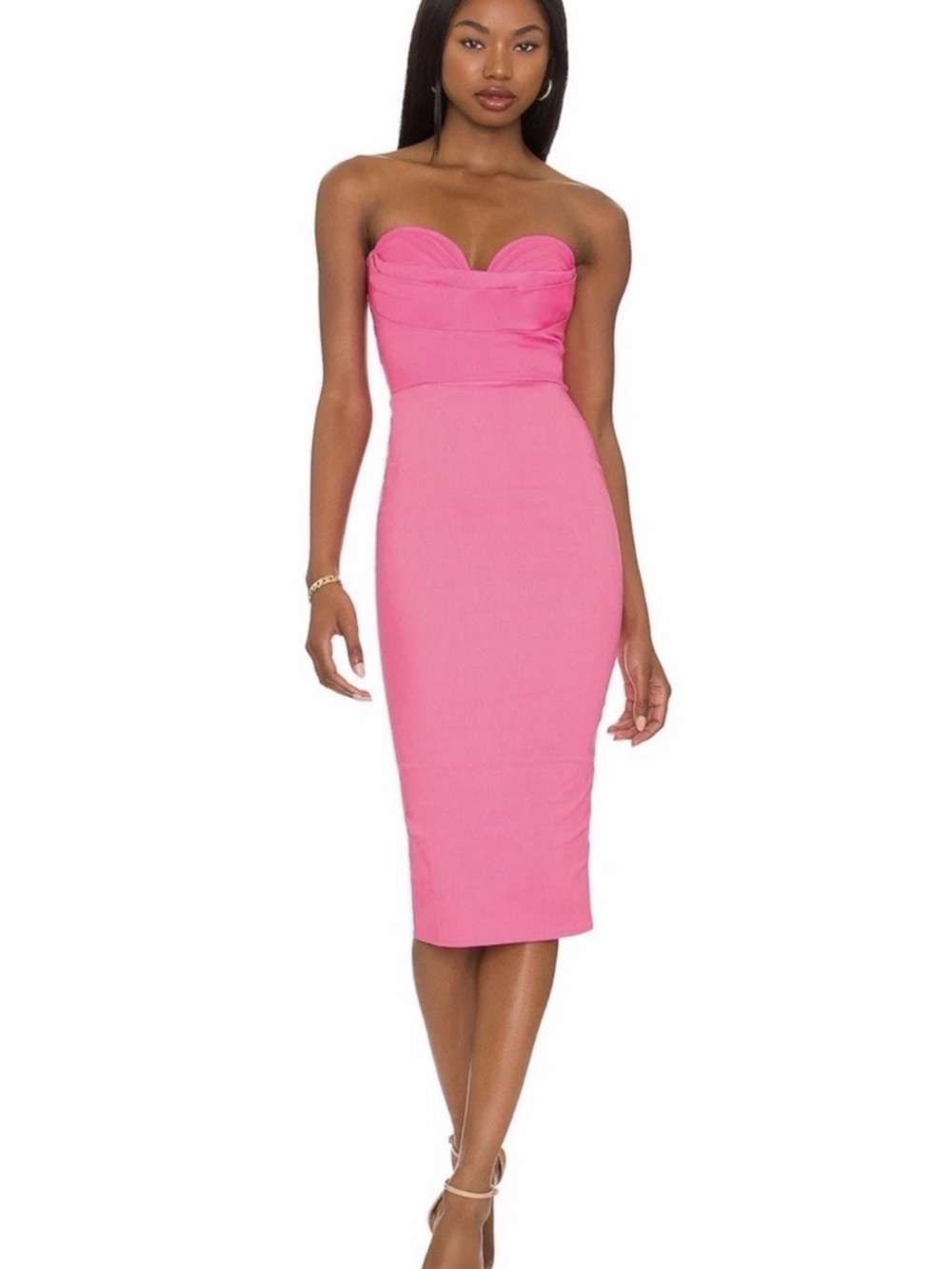 Revolve Strapless Sweetheart Midi Bodycon Dress in Hot Pink